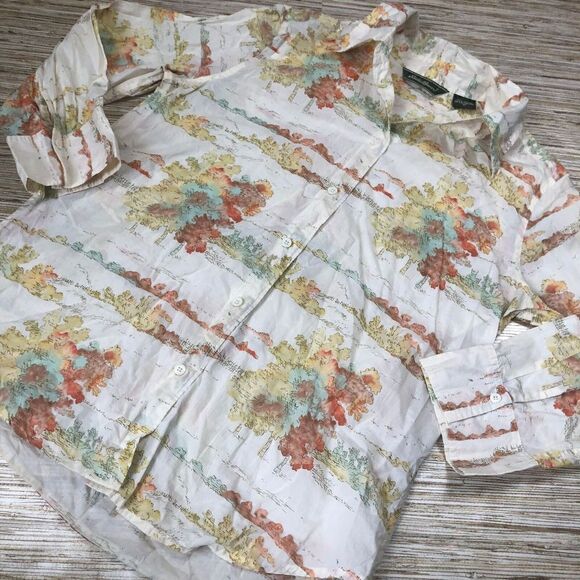 S-163 Eddie Bauer button up shirt  100% cotton autumn fall trees shirt IVORY  M - Picture 1 of 1